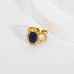 Vintage gold-plated stainless steel open ring with an oval blue natural stone setting