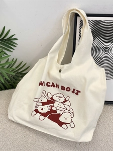 Grand sac cabas en toile crème avec imprimé dessin animé rouge et bouton métal