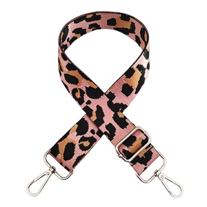 Pink leopard print jacquard wide shoulder strap with silver metal buckle and lobster hooks