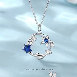 925 Sterling Silver Star Moon Pendant Necklace With Blue White Cubic Zirconia Dreamy Jewelry For Women