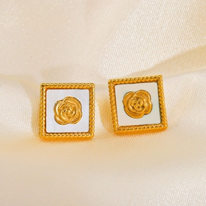 Golden square earrings with rose motif and white inlay on beige silk fabric