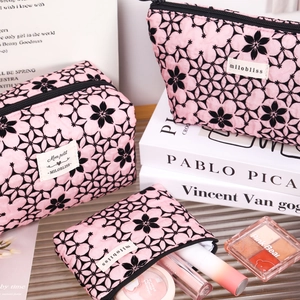 Minimalist floral flocked fabric makeup bag set for portable cosmetic storage and travel
