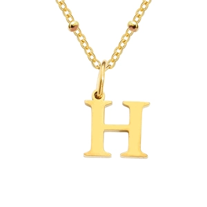 Gold titanium steel bead chain necklace featuring a polished initial letter H pendant