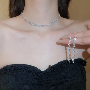 Close-up of sparkling zircon tassel necklace and long earrings set on female model