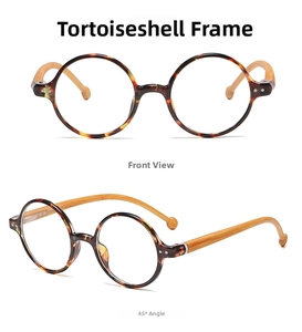 Detailed views of retro round glasses with tortoiseshell frames and light wood temples