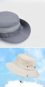 Detail view of 8.5cm wide brim outdoor sun hat with breathable mesh and windproof chin strap