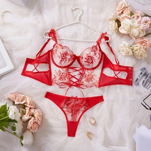 Detailed flat lay of red lace lingerie set with floral embroidery and corset boning