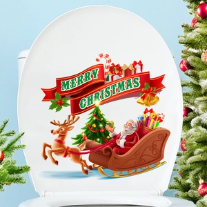 Christmas toilet seat lid decal featuring Santa on a sleigh with reindeer and tree
