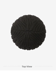 Top view of black knitted beanie showing vertical ribbed texture and gathered crown