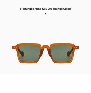 Close-up of translucent orange square sunglasses frames with G15 dark green lenses