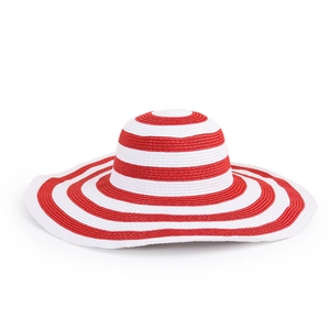 Detailed view of red and white striped wide brim straw hat with fine woven texture