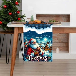 Christmas table runner featuring Santa Claus and blue plaid patterns for holiday decor