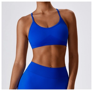 Close-up of seamless blue yoga set showing high-waist ribbing and elastic texture