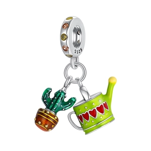 Cactus and watering can charm in green enamel with red hearts for bracelets