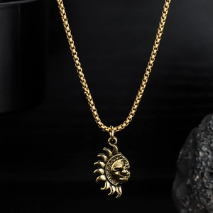 Vintage gold sun face pendant necklace with box chain for men and women minimalist jewelry