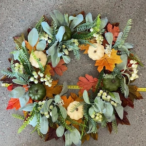 50cm Autumn wreath featuring white pumpkins, maple leaves, and lamb's ear foliage décor