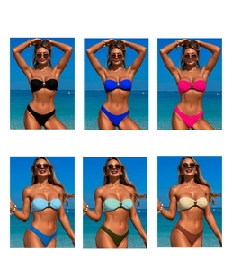 Detailed comparison of six vibrant colors for this three-piece bikini set with ring buckle