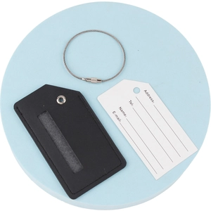 Black leather luggage tag with gold foil lettering, info card and secure steel cable loop