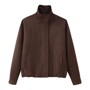 Minimalist loose-fit dark brown suede jacket with stand collar and hidden zipper