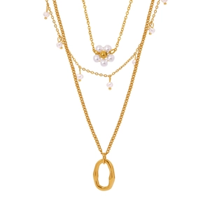 Layered 18K gold plated stainless steel necklace with pearl charms and shell pendants