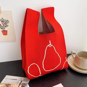 Red knitted tote bag with white pear pattern, minimalist open design for daily use