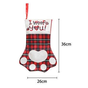 Red buffalo plaid Christmas stocking with paw print design and I Woof You text 36cm
