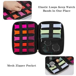 Detailsicht der elastischen Schlaufen und Netztasche im schwarzen Uhrenarmband-Organizer