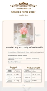 Detail of pink tulip scented soy candle in a glass cup showing lifelike floral petals