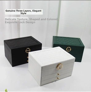 Three-layer PU leather jewelry box with quilted top and gold clasp in three colors