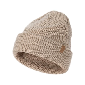 Warm thick beige cable knit beanie hat with cuffed edge and side leather patch detail