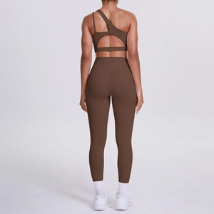 Rear view of brown one-shoulder yoga sports bra and high-waisted leggings set