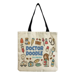 Detailed close-up of nurse and doctor doodle prints on a large canvas tote bag