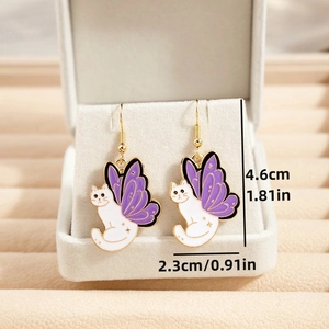 Detail view of purple winged cat earrings with precise size dimensions 4.6cm by 2.3cm