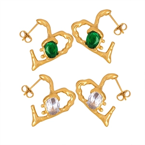 Lava texture LOVE letter earrings with emerald and clear glass crystals for women