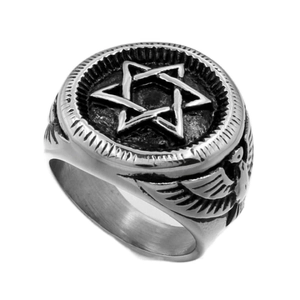 Vintage stainless steel signet ring with hexagram star and eagle wing side carvings