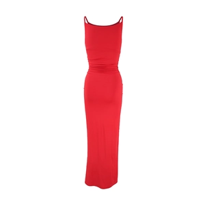 Detailed close-up of ruched waist details on a red slim-fit strappy maxi dress