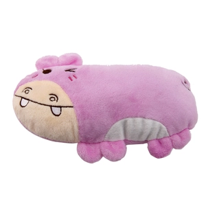 Close-up of pink hippo plush toy featuring detailed embroidery and soft fabric texture