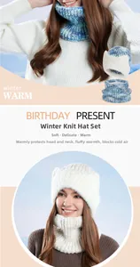 Detail of warm winter knit beanie and neck warmer set with soft thickened texture