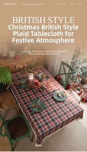 British style red and green plaid tablecloth with fringe edges for Christmas dining setup