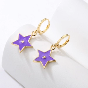 Chic 18K gold plated star earrings with purple enamel inlay on white geometric props