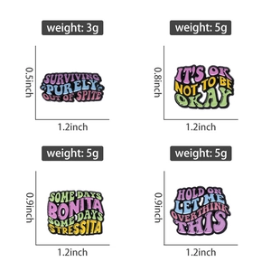 Set of four colorful enamel pins with dimensions and weights for backpacks and clothes