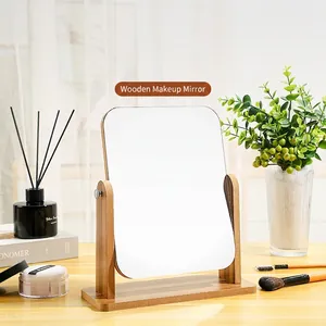 Desktop Makeup Mirror Wooden Frame Glass 360 Degree Rotatable Adjustable Angle Minimalist Natural Wood Grain Vanity Tabletop