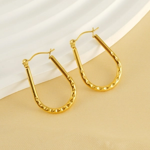 Hammered Texture U-Shaped Hoop Earrings 18K Gold Plated Stainless Steel Latch Back Fashion Jewelry For Women
