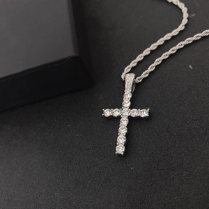 Hip hop silver stainless steel cross pendant necklace with sparkling CZ stones on twist chain