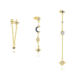 Three-piece gold S925 sterling silver stud set with star moon and evil eye blue crystals