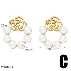 Detail of 18k gold plated flower stud earrings with white pearl border 20mm height