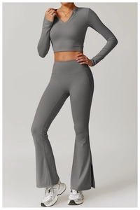 Deep grey yoga set featuring a V-neck slim long sleeve top and high waist flared leggings