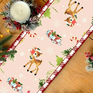 Christmas table runner with deer, gift boxes and candy cane patterns for party decor