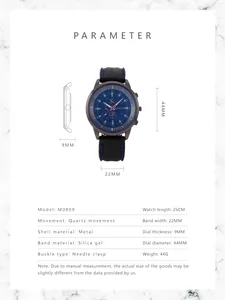 Tabella taglie dettagliata e specifiche tecniche per questo orologio sportivo al quarzo in silicone