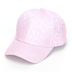 Detail of pink and purple leopard print on kids breathable tie-dye baseball cap fabric